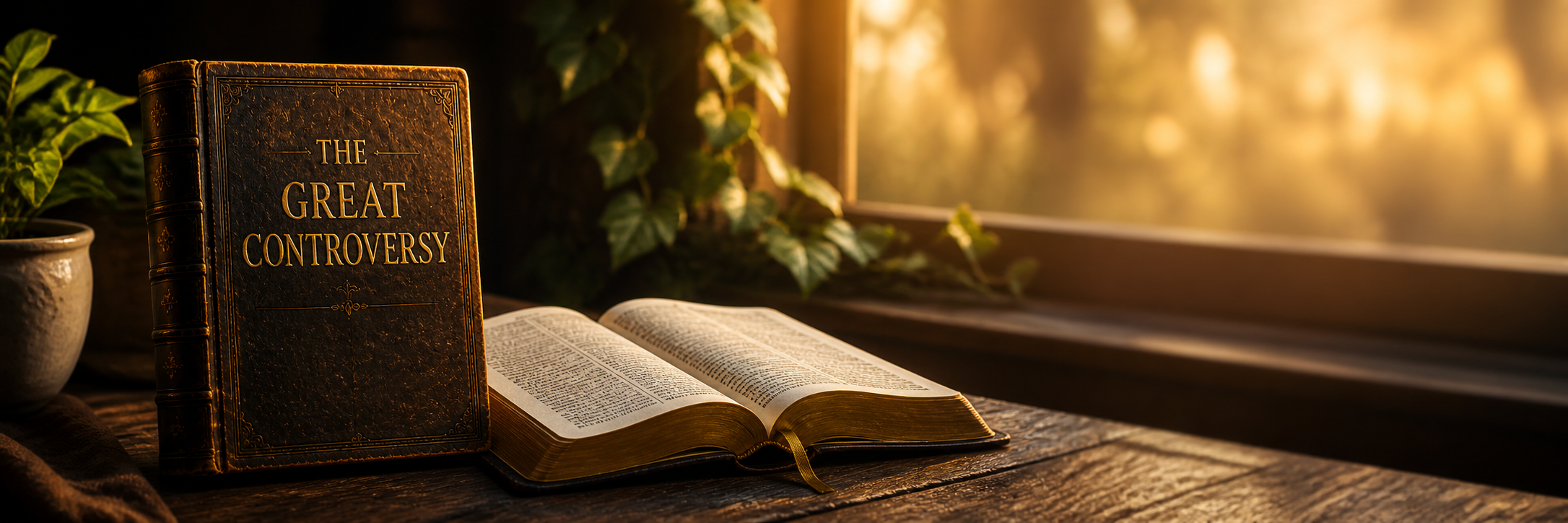 The Great Controversy beside an open Bible in warm morning light