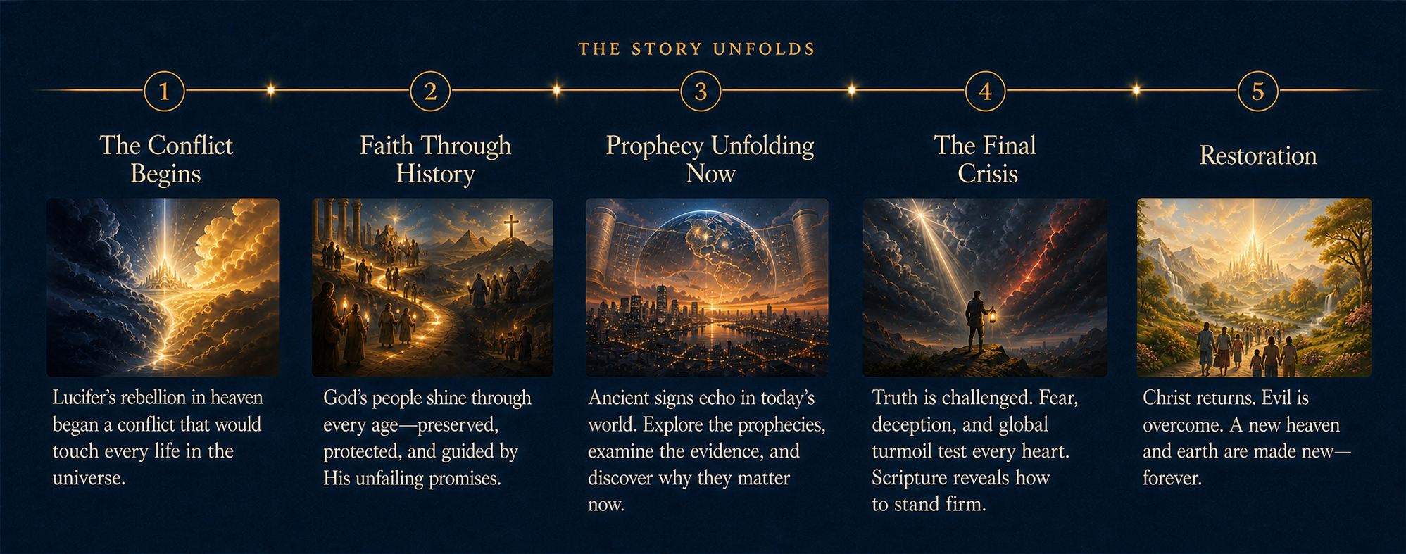 Five movements of The Great Controversy story, from the conflict in heaven to restoration